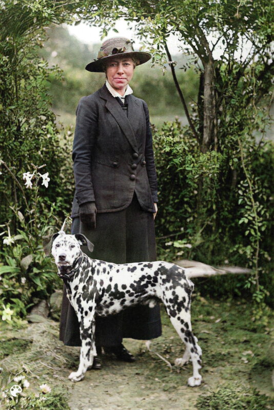 Alice Standen and her Dalmatian, c. 1920s. Restored and colourised 2020. Image: Henfield Museum